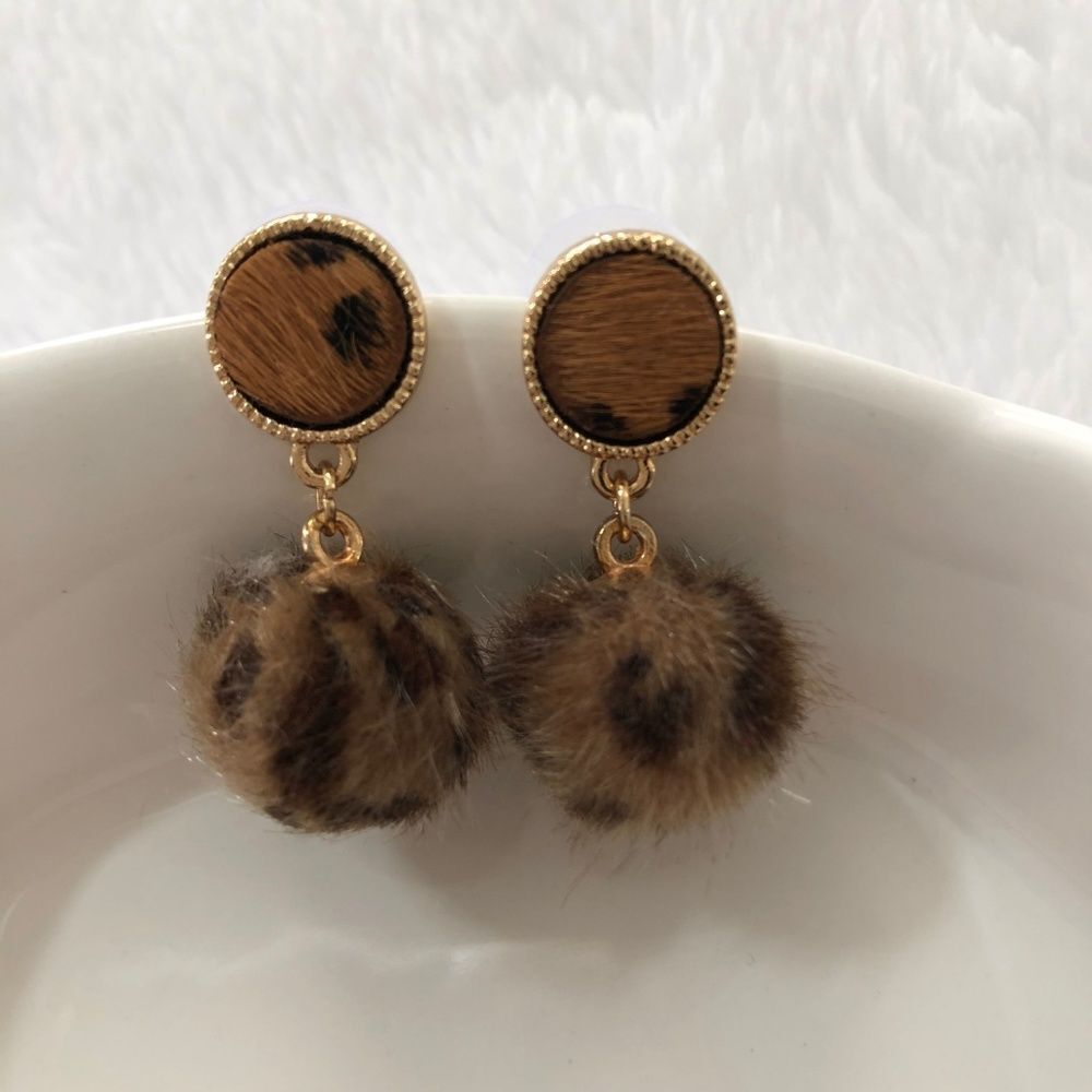 Leopard Faux Fur Pom Pom Drop Stud Earrings
